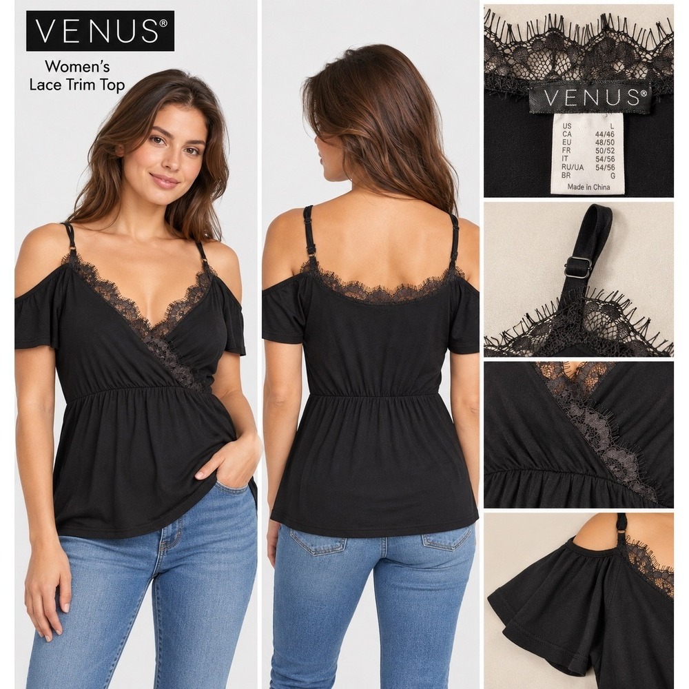 Venus Lace Trim Top Womens L Black Excellent Romantic Coquette Cold Shoulder